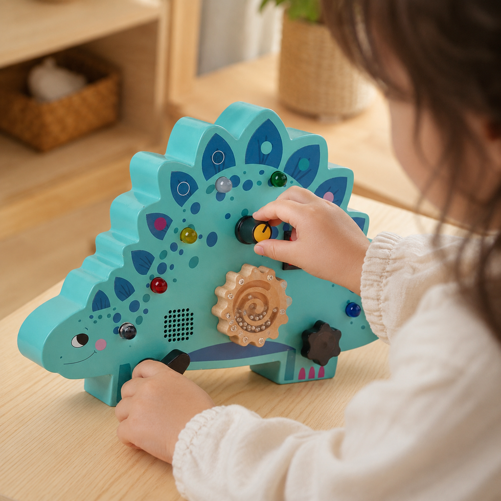 Dinosaur Busy Board Stegosaurus LED Interactive - utilisation close up
