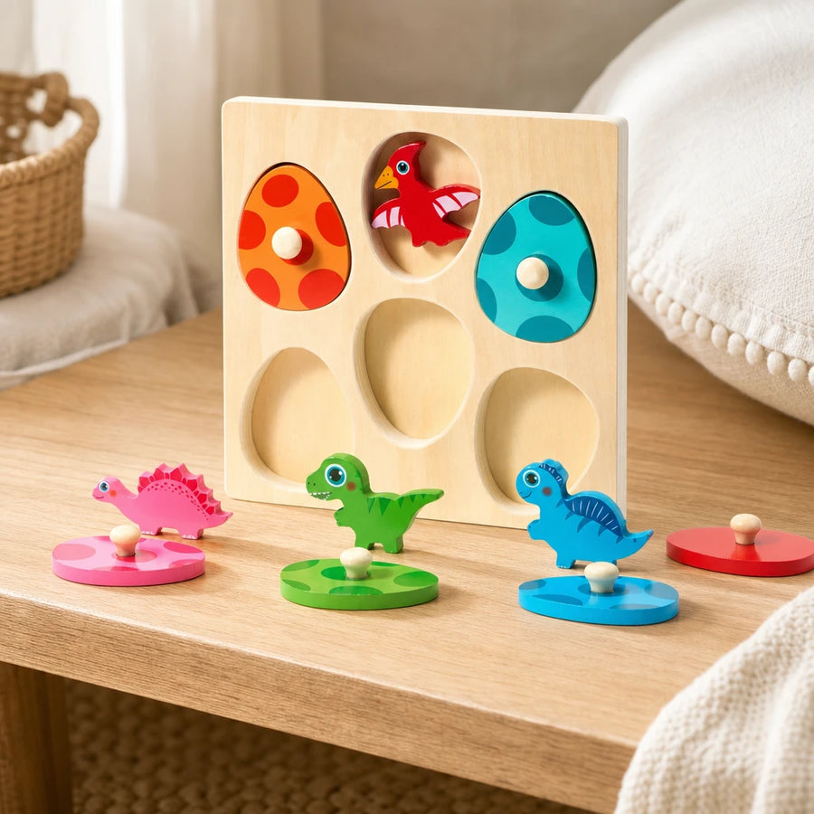 Dinosaur Egg Puzzle with Wooden Figures set out on a real table at home