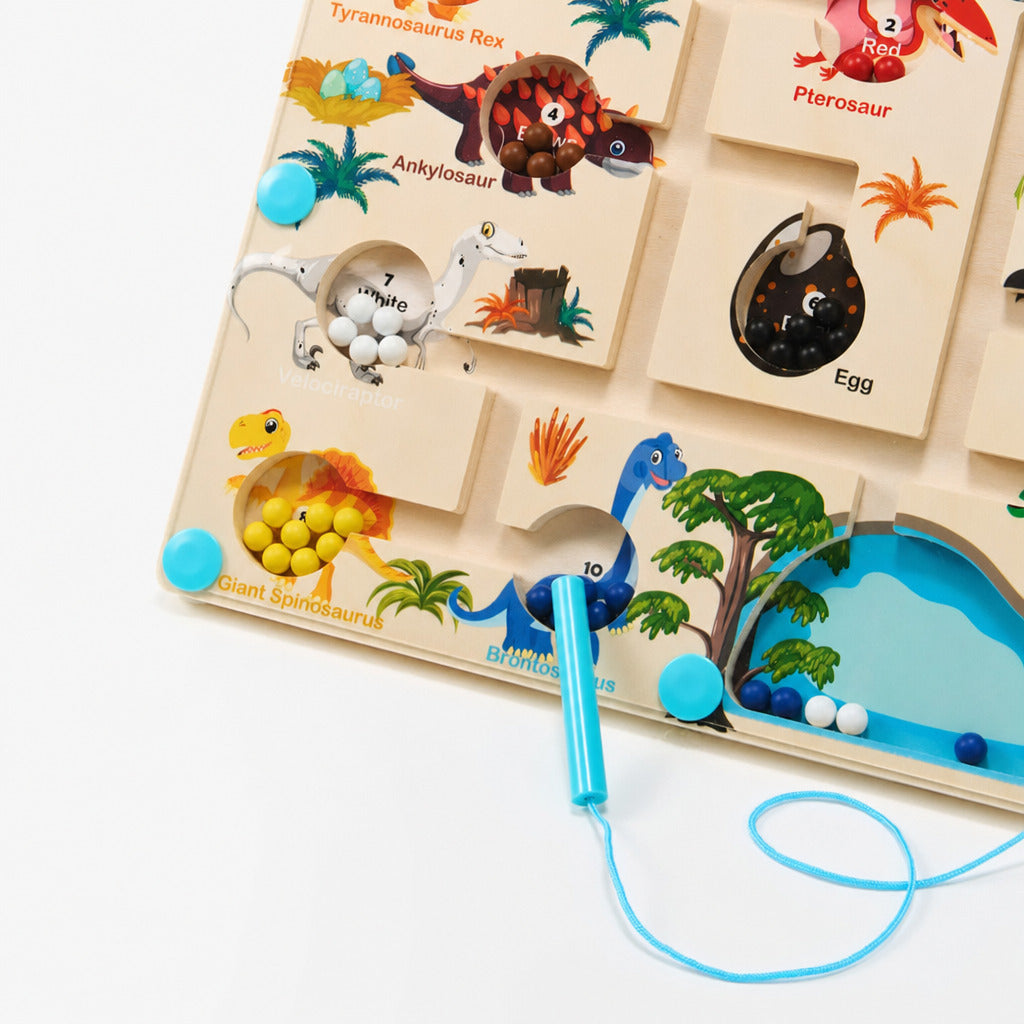 Dinosaur magnetic maze board with numbered wells and stylus