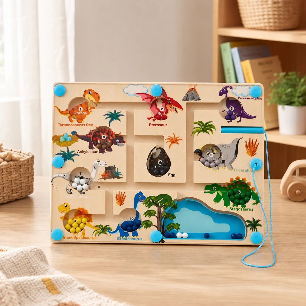 Dinosaur Magnetic Maze - Counting & Color Learning Board set out on a real table at home