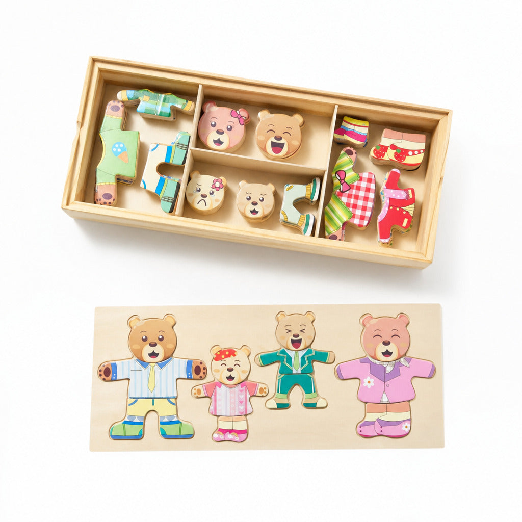 Bear dress-up puzzle pieces sorted in a wooden storage tray
