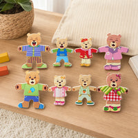 Dress Up Puzzle - Wooden Bear Family set out on a real table at home