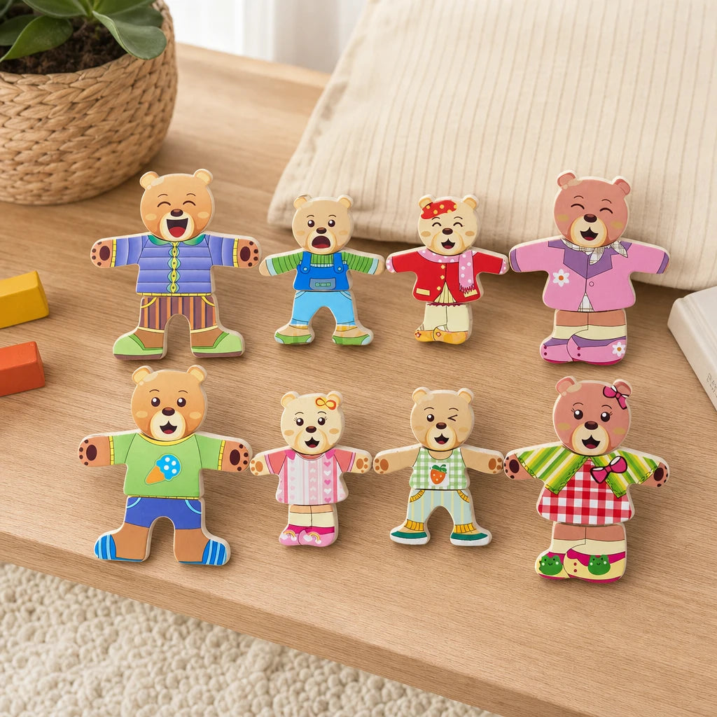 Dress Up Puzzle - Wooden Bear Family set out on a real table at home