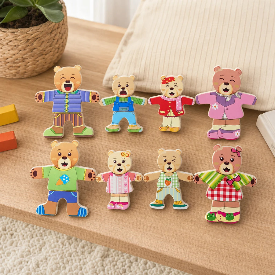 Dress Up Puzzle - Wooden Bear Family set out on a real table at home