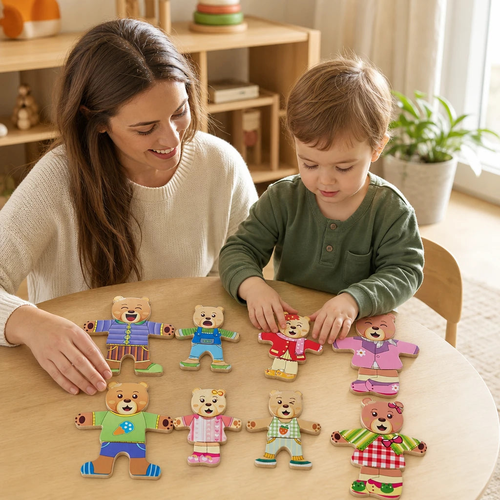Child playing with the Dress Up Puzzle - Wooden Bear Family