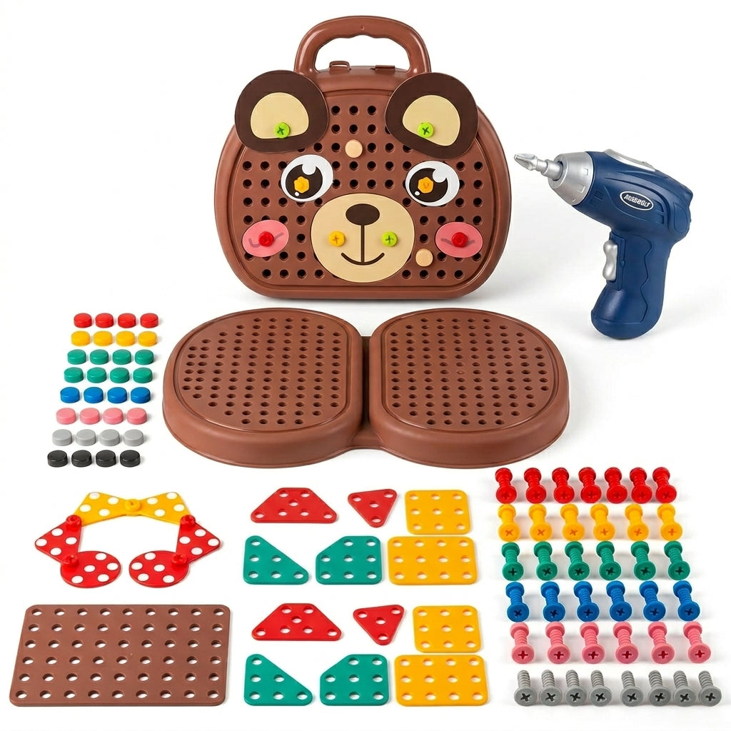 Bear-shaped drill toy case with electric screwdriver and coloured pieces