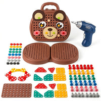 Bear-shaped drill toy case with electric screwdriver and coloured pieces