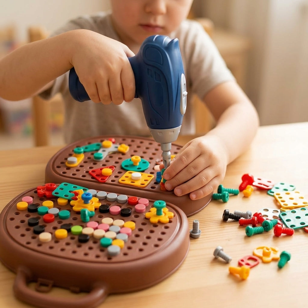 Child using the toy drill on the bear toolbox mosaic board
