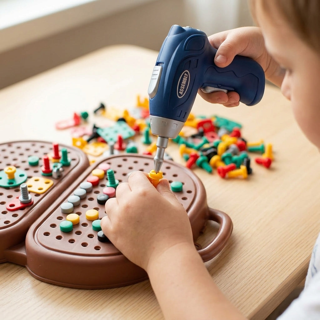 Boy drilling coloured pegs into the bear toolbox board