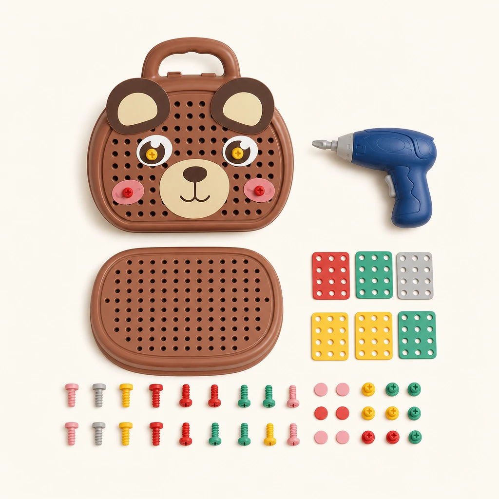 Drill Toy Bear Toolbox Set - Montessori Building Kit shown complete on a plain background