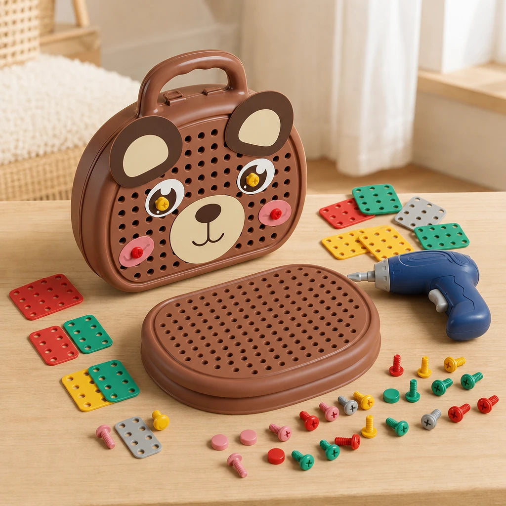 Drill Toy Bear Toolbox Set - Montessori Building Kit set out on a real table at home