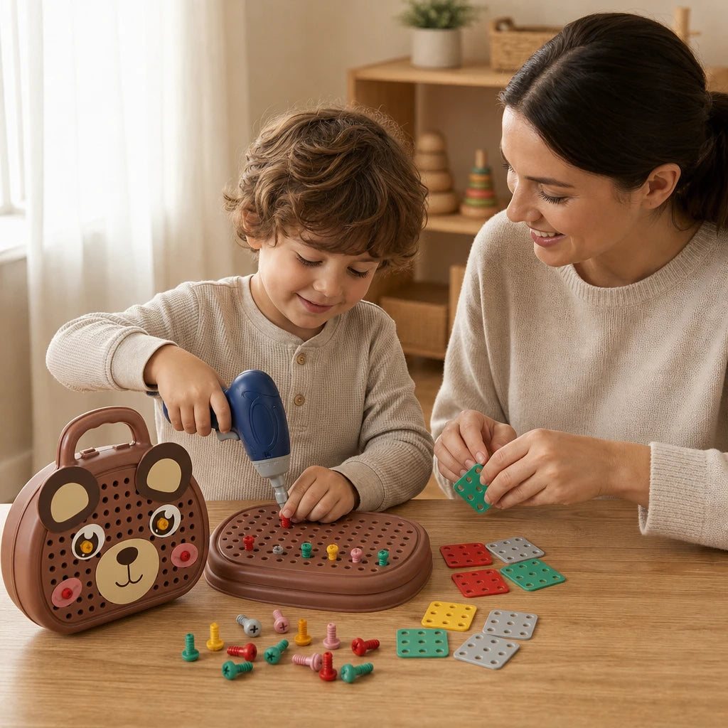 Child playing with the Drill Toy Bear Toolbox Set - Montessori Building Kit