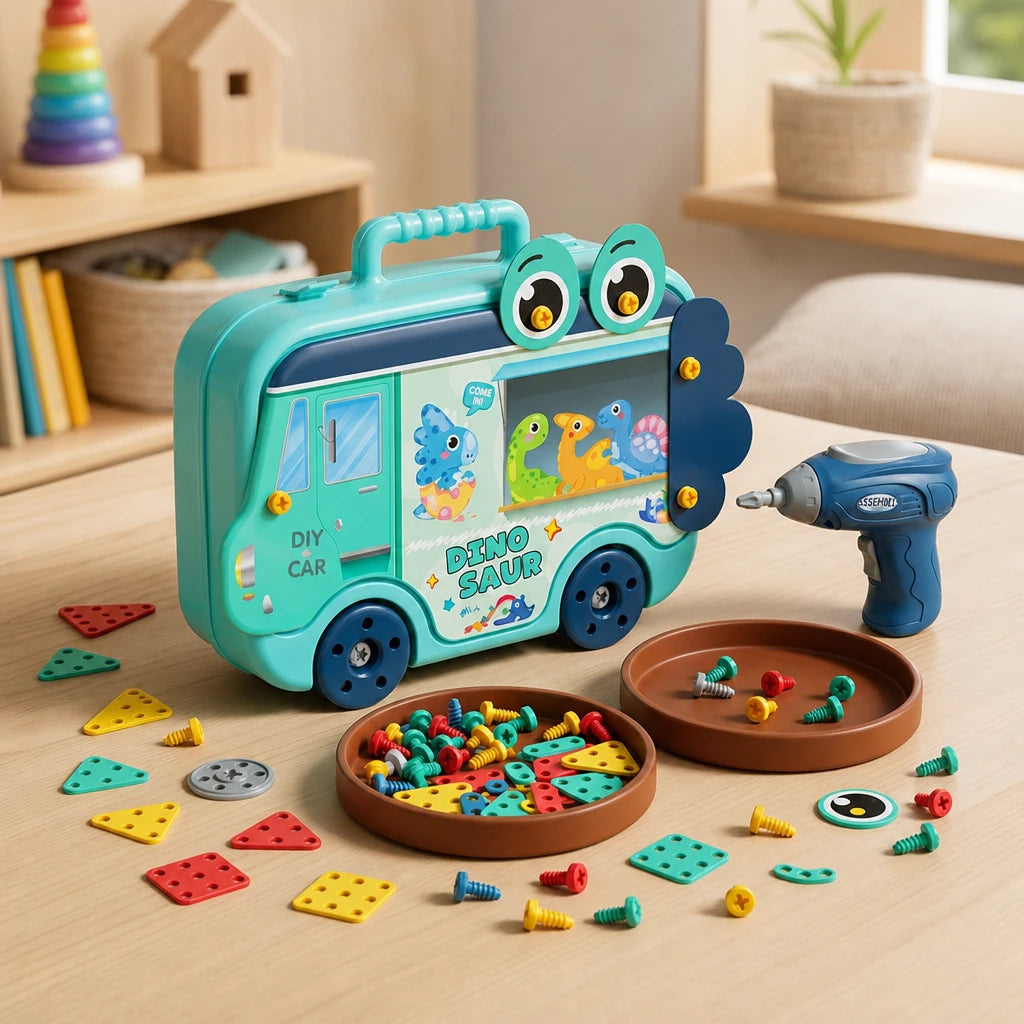 Drill Toy Montessori Set 211 Pieces set out on a real table at home