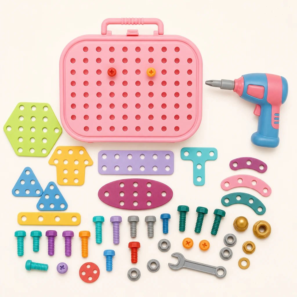 Drill Toy Montessori Set - Pink Toolbox 211 Pieces shown complete on a plain background
