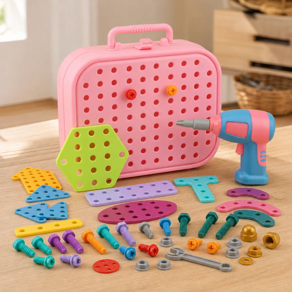 Drill Toy Montessori Set - Pink Toolbox 211 Pieces set out on a real table at home