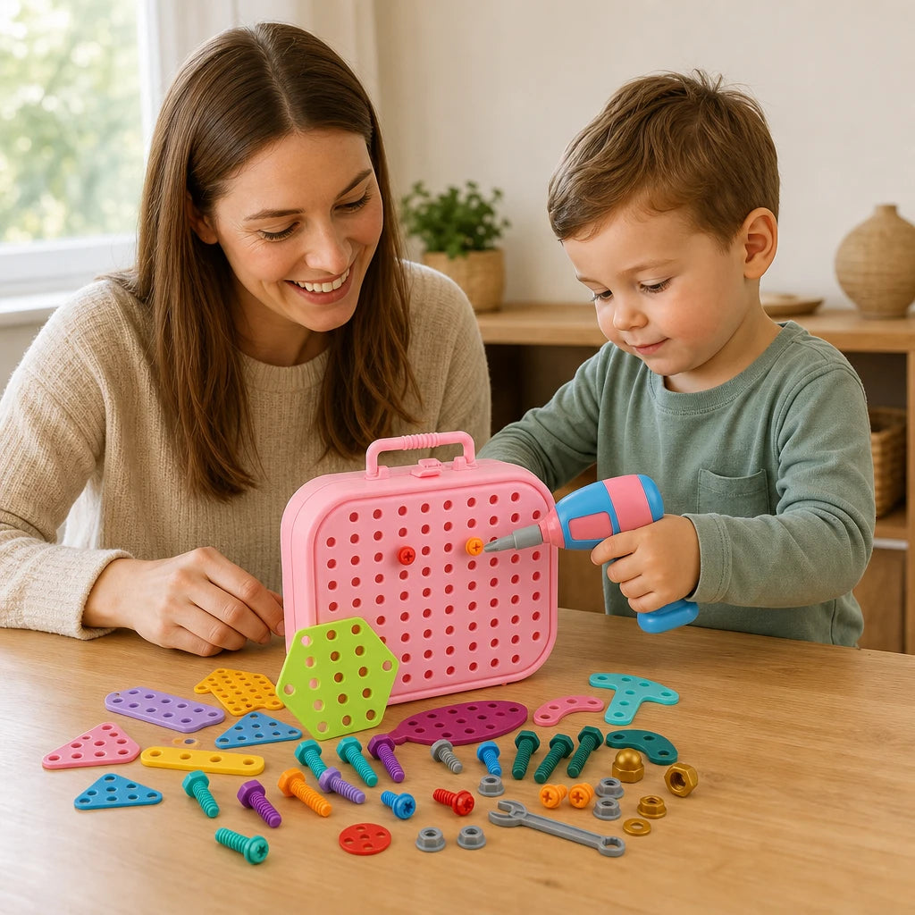 Child playing with the Drill Toy Montessori Set - Pink Toolbox 211 Pieces
