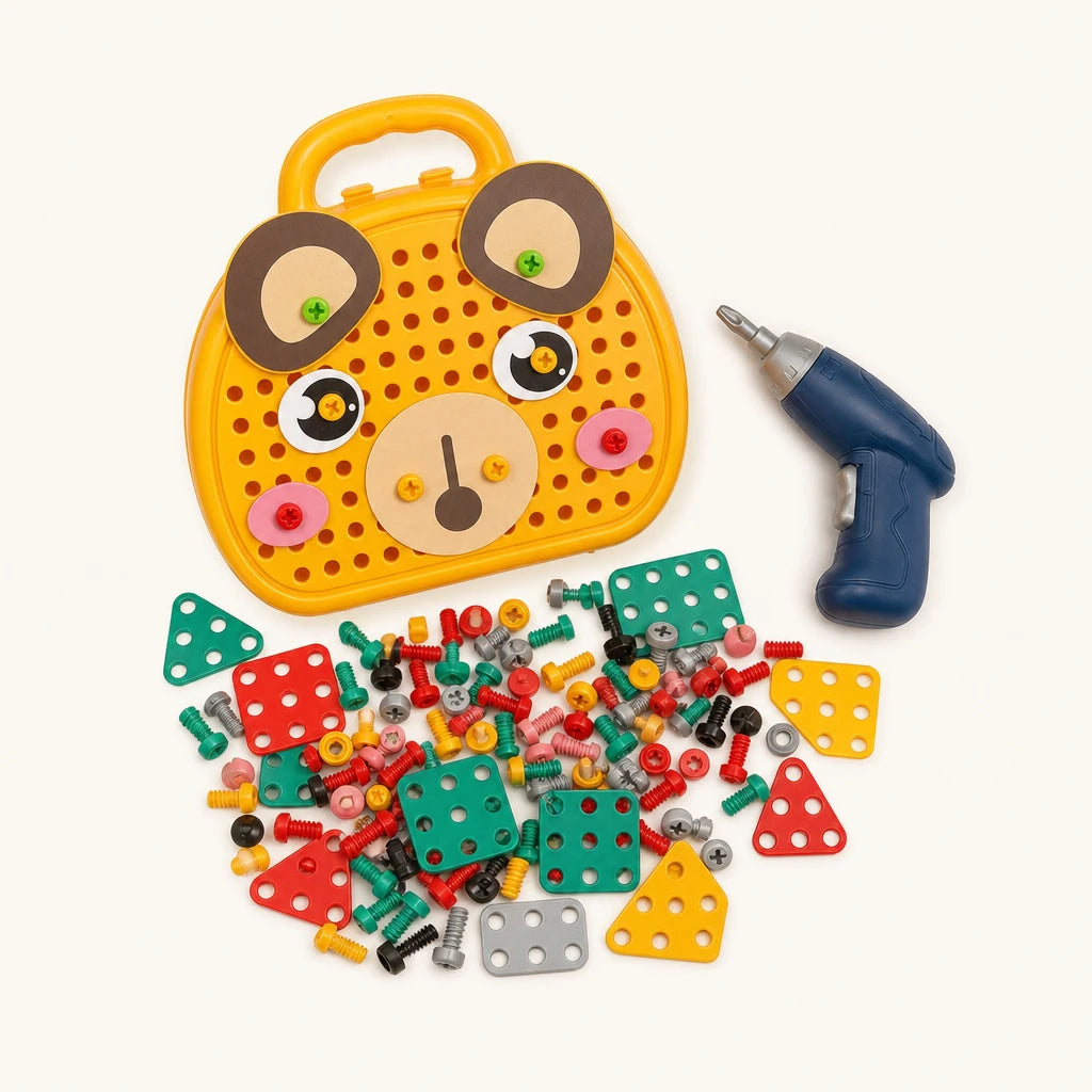 Drill Toy Set Montessori Construction Yellow Bear shown complete on a plain background