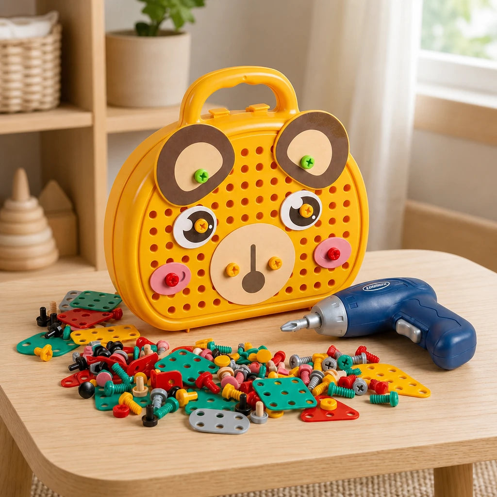 Drill Toy Set Montessori Construction Yellow Bear set out on a real table at home