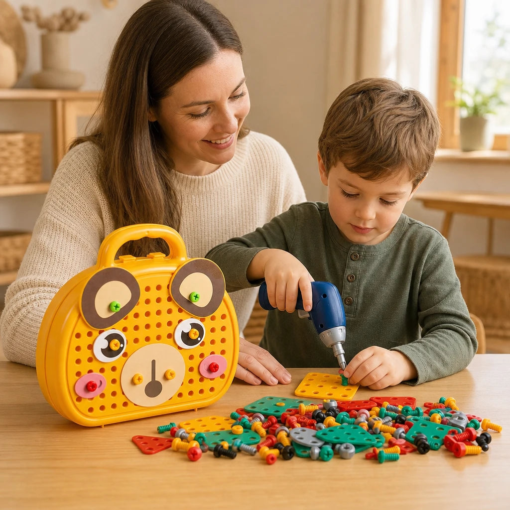 Child playing with the Drill Toy Set Montessori Construction Yellow Bear