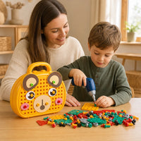 Child playing with the Drill Toy Set Montessori Construction Yellow Bear