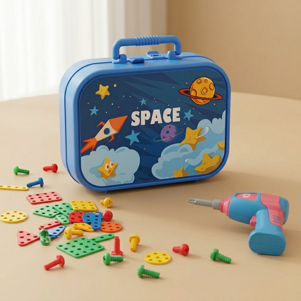 Space-themed drill toy case with pegs, screwdriver and mosaic pieces