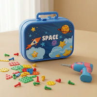 Space-themed drill toy case with pegs, screwdriver and mosaic pieces