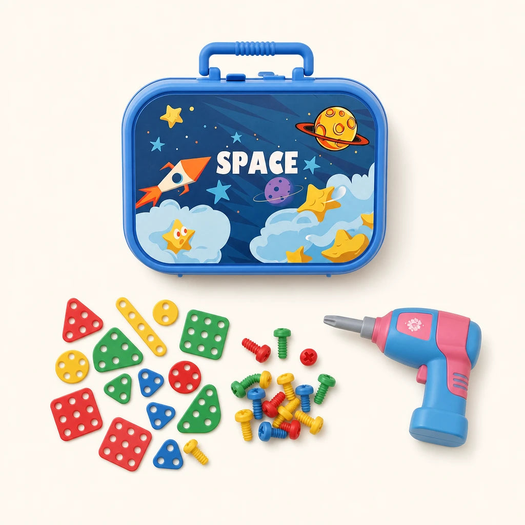 Drill Toy Set Montessori Space Theme 211 Pieces shown complete on a plain background