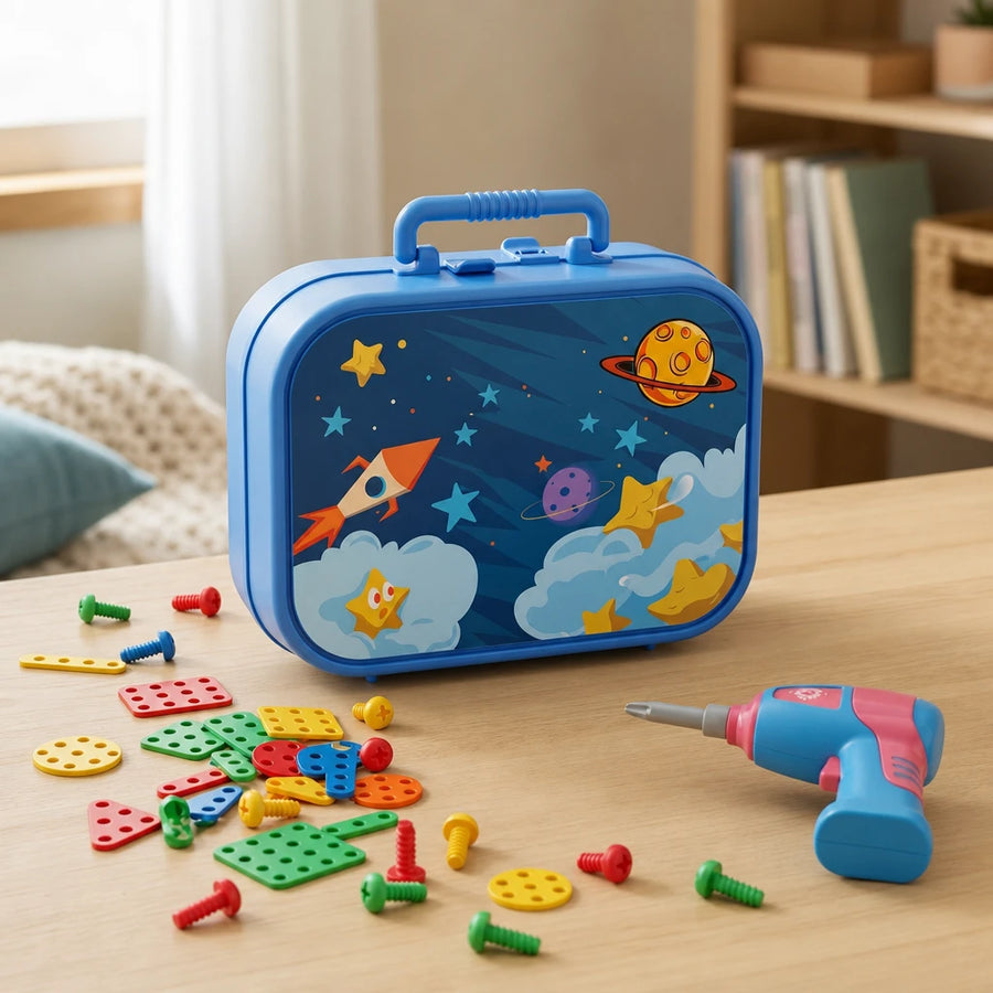 Drill Toy Set Montessori Space Theme 211 Pieces set out on a real table at home