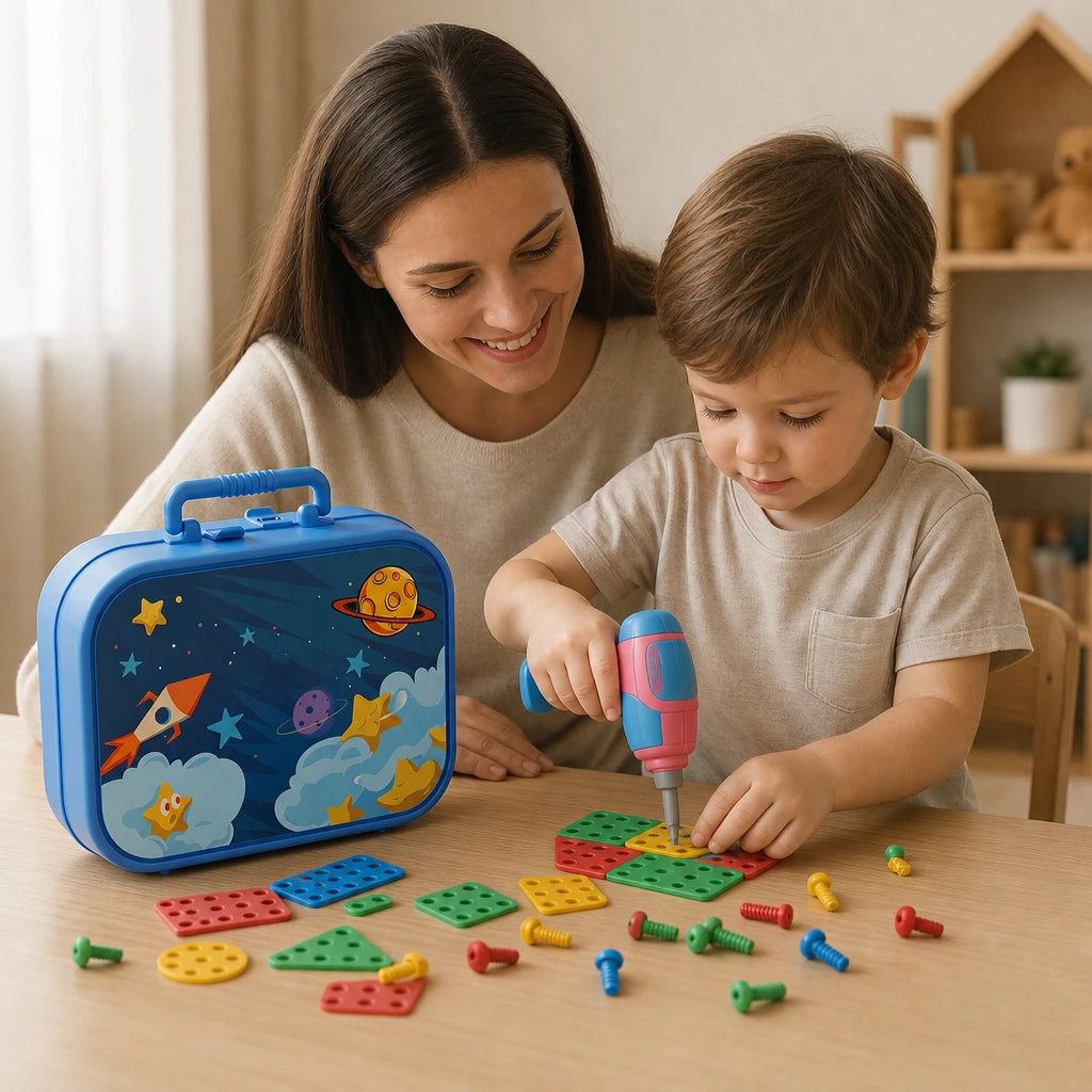 Child playing with the Drill Toy Set Montessori Space Theme 211 Pieces
