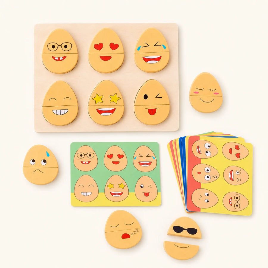 Emotion Matching Game - Wooden Expression Puzzle shown complete on a plain background