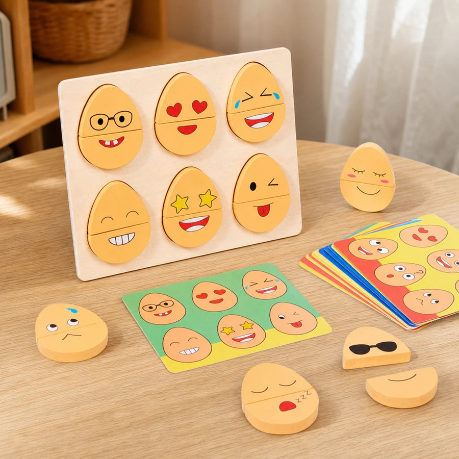 Emotion Matching Game - Wooden Expression Puzzle set out on a real table at home