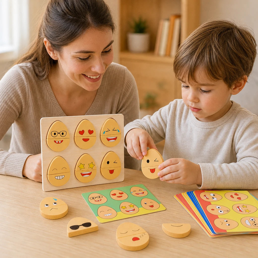 Child playing with the Emotion Matching Game - Wooden Expression Puzzle