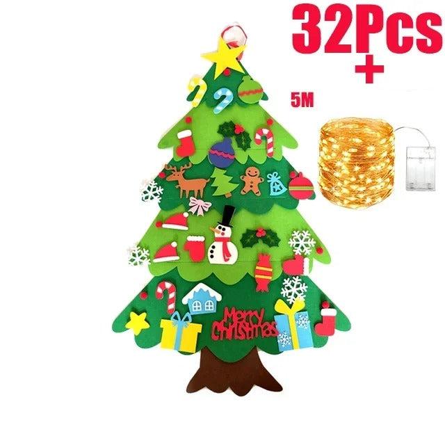 Felt Christmas tree with 32 ornaments and a string of fairy lights