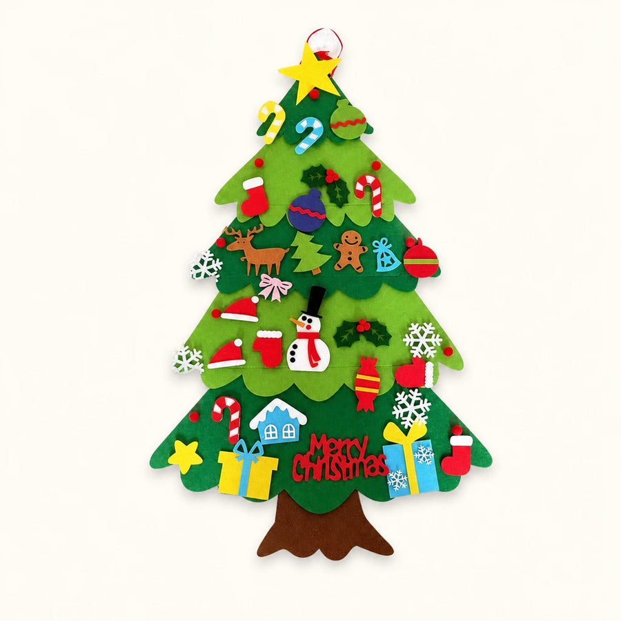 Felt Christmas Tree 95cm with 26 Ornaments & LED Lights shown complete on a plain background