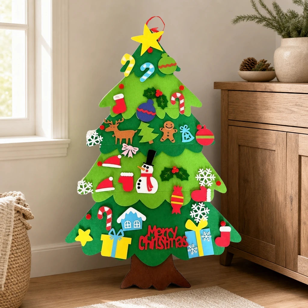Felt Christmas Tree 95cm with 26 Ornaments & LED Lights set out on a real table at home