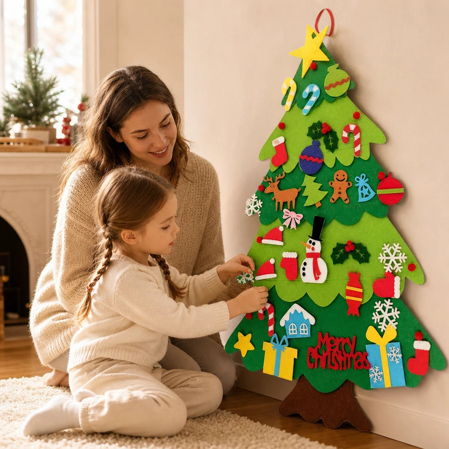 Child playing with the Felt Christmas Tree 95cm with 26 Ornaments & LED Lights