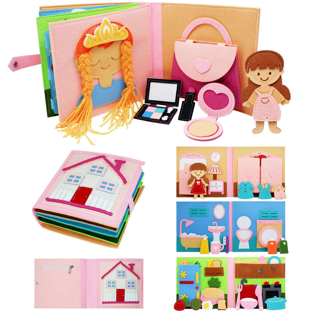 Felt quiet book pages showing a dressing doll and bathroom scene