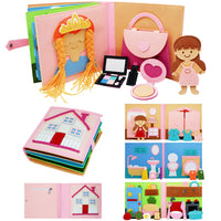 Felt quiet book pages showing a dressing doll and bathroom scene