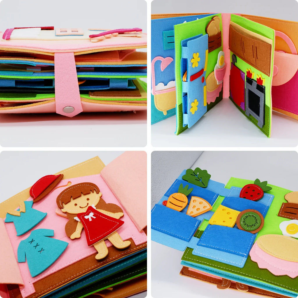 Felt quiet book shown closed, opened and page by page