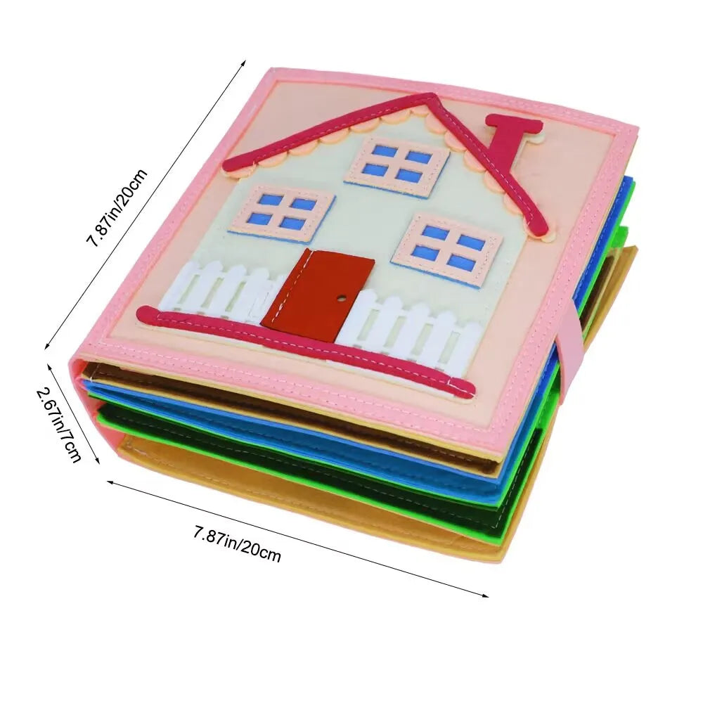 House-shaped felt quiet book with dimensions marked