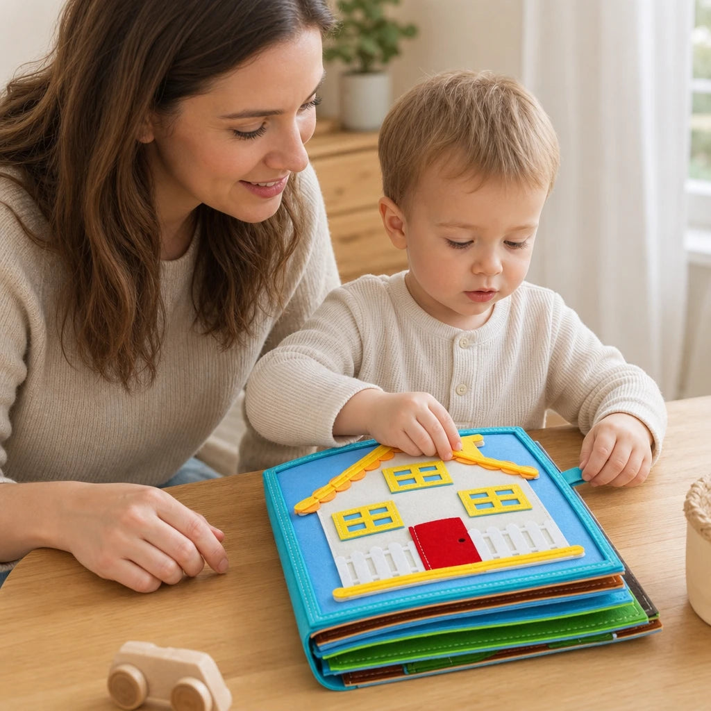 Child playing with the Felt Quiet Book House Activities