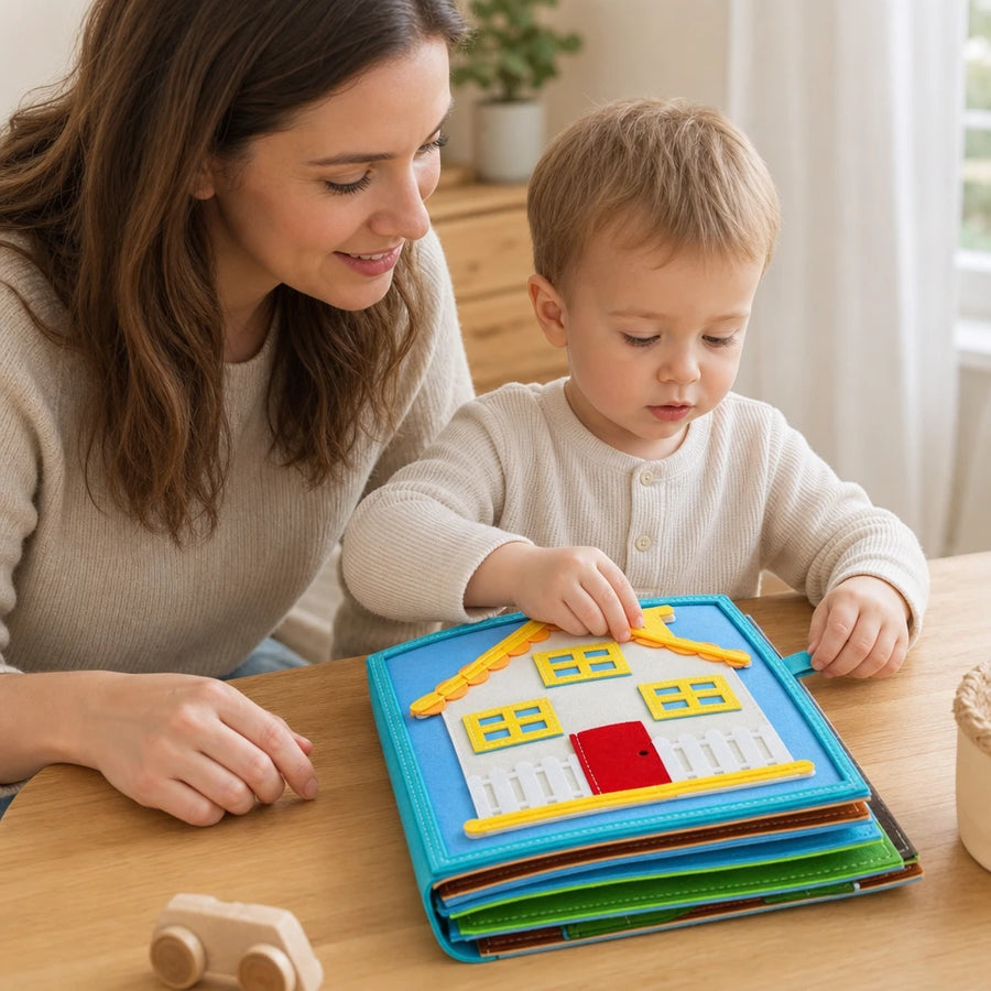 Child playing with the Felt Quiet Book House Activities