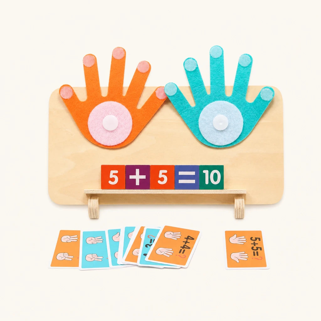 Finger Counting Toy with Wooden Hands & Math Cards shown complete on a plain background