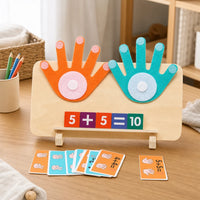 Finger Counting Toy with Wooden Hands & Math Cards set out on a real table at home