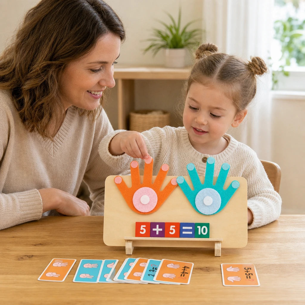 Child playing with the Finger Counting Toy with Wooden Hands & Math Cards