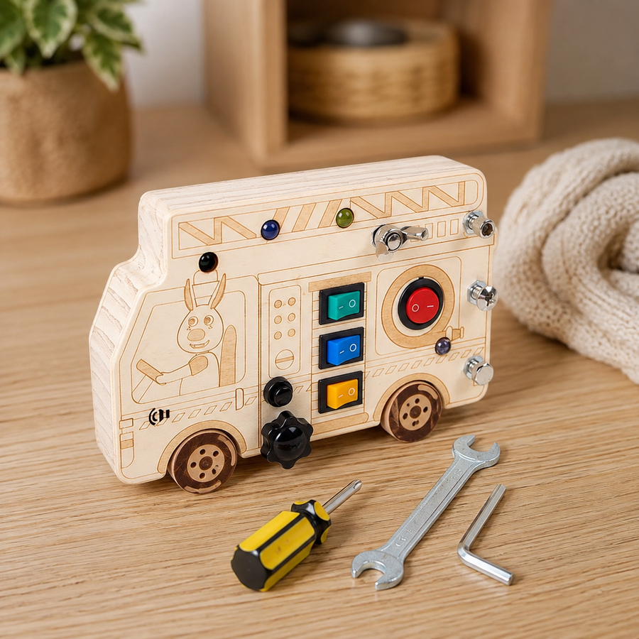 Fire Truck Busy Board with LED Lights & Tools - objet surface réelle
