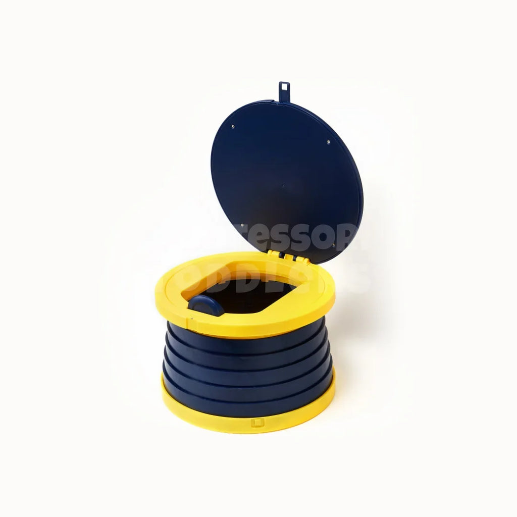 Navy and yellow foldable travel potty with the lid open