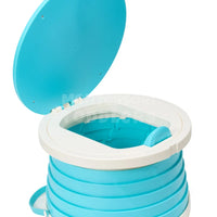 Blue travel potty fully extended showing the inner liner