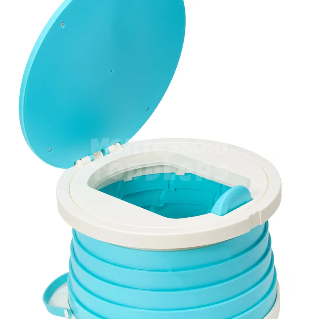 Blue travel potty fully extended showing the inner liner