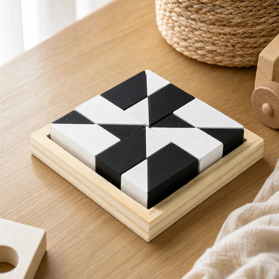 Geometric Shape Puzzle Montessori Wooden Blocks set out on a real table at home